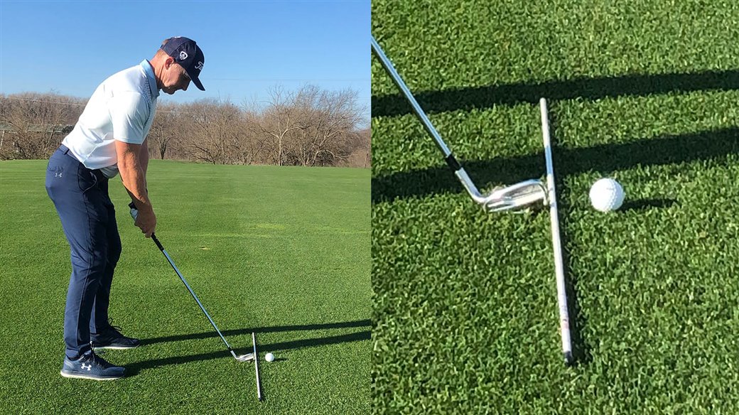 Titleist staff instructor demonstrates how to set up his Jump The Fence Drill for golfers who struggle with toe-biased face contact.