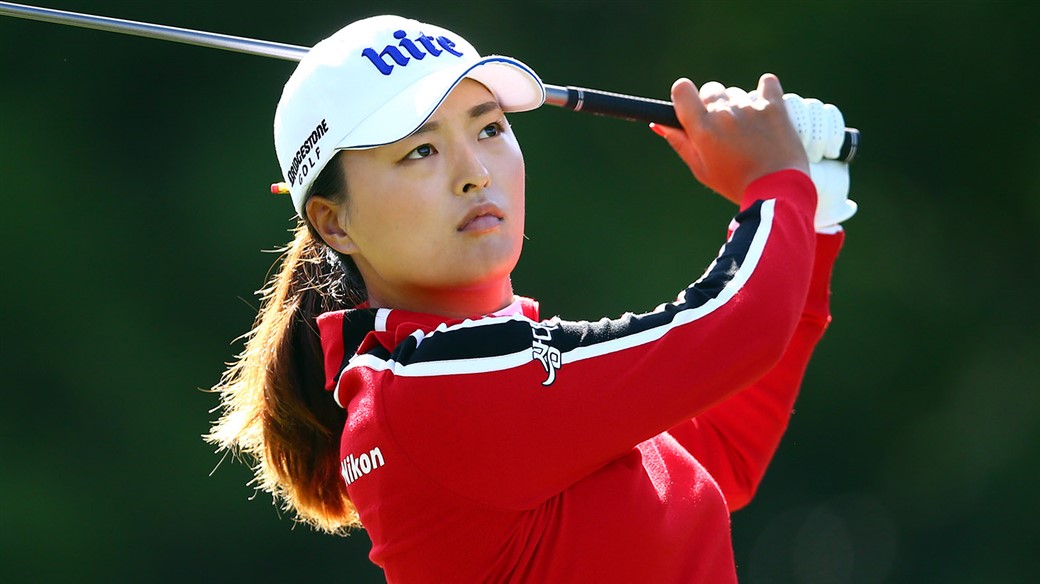 Jin Young Ko watches her Pro V1 golf ball fly toward the flagstick during action at the CP Women's Open