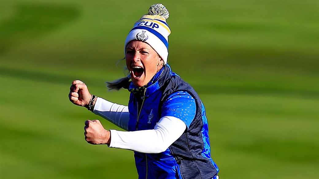 Suzann Pettersen rejoices after sinking the putt with her Pro V1x golf ball to win the 2019 Solheim Cup for Team Europe.