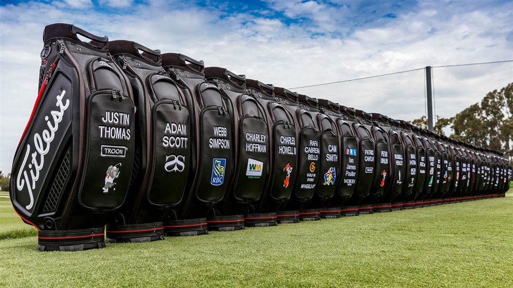  A row of new Titleist Jet Black Tour Bags await players at the Titleist Performance Institute
