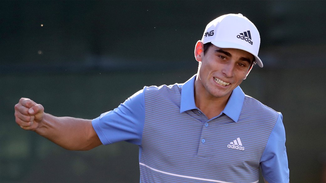 Joaquin Niemann pumps his fist after capturing the 2019 A Military Tribute at The Greenbrier