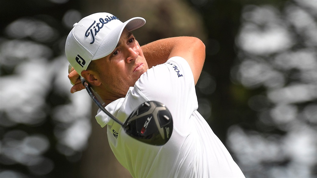 Justin Thomas tees off with his Titleist TS3 driver during action at the 2019 BMW Championship