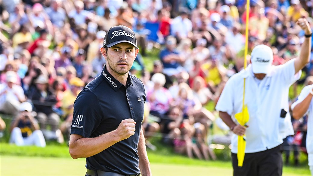 Patrick Cantlay celebrates after holing a putt to record a final round of  8-under-par 64 at the 2019 Memorial Tournament