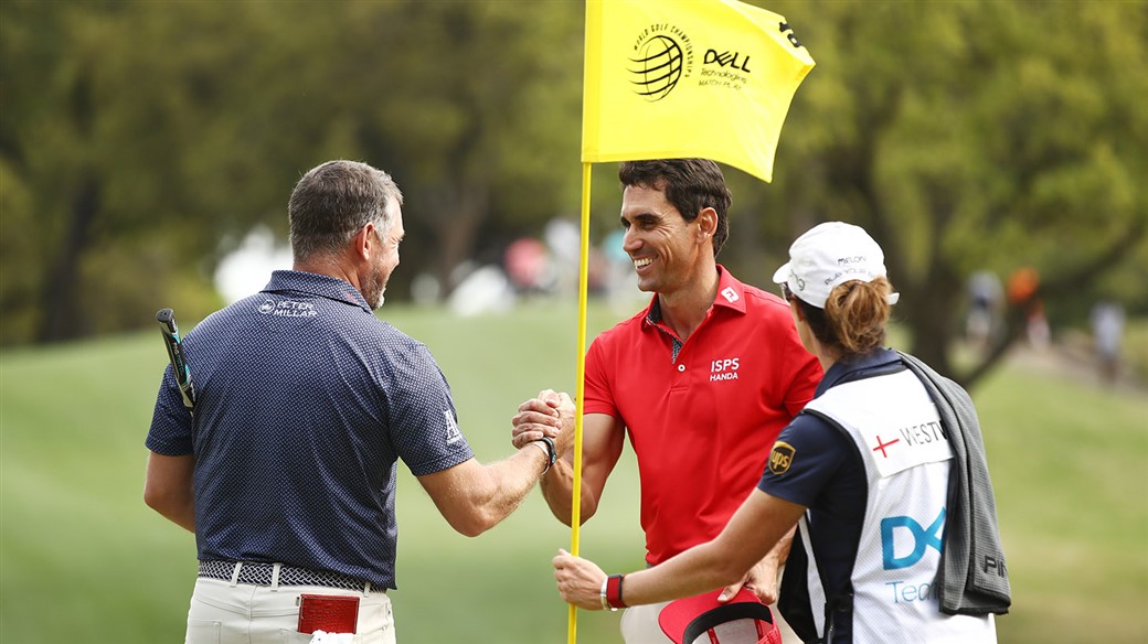Lee Westwood and Rafa Cabrera Bello shake hands after their match at the WGC-Dell Technologies Match Play