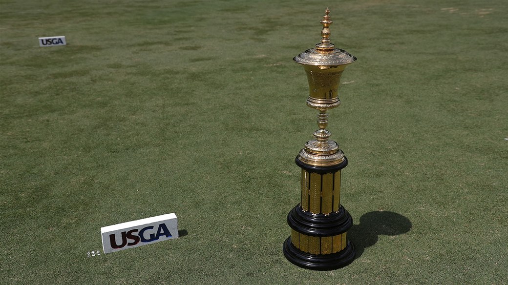 The Havemeyer Trophy on display on the tee at Pinehurst No. 2, host site of the 2019 U.S. Amateur Championship